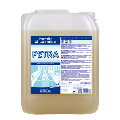A 10-liter plastic container of Dr. Schnell PETRA oil and grease remover for surfaces from DR.SCHNELL GmbH & Co. KGaA, with a blue-white label, for concentrated oil and grease removal.