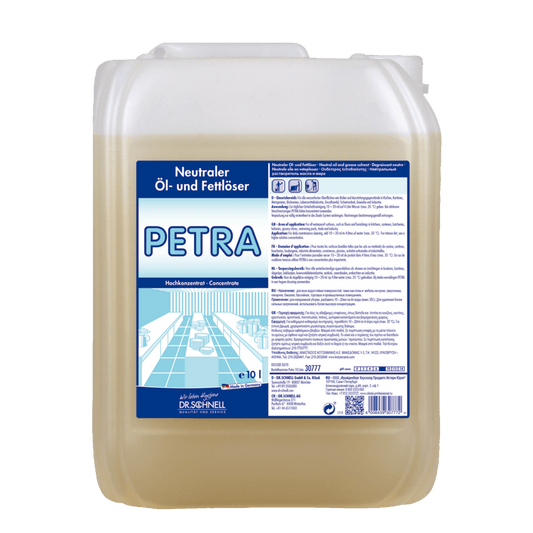 A 10-liter plastic container of Dr. Schnell PETRA oil and grease remover for surfaces from DR.SCHNELL GmbH & Co. KGaA, with a blue-white label, for concentrated oil and grease removal.