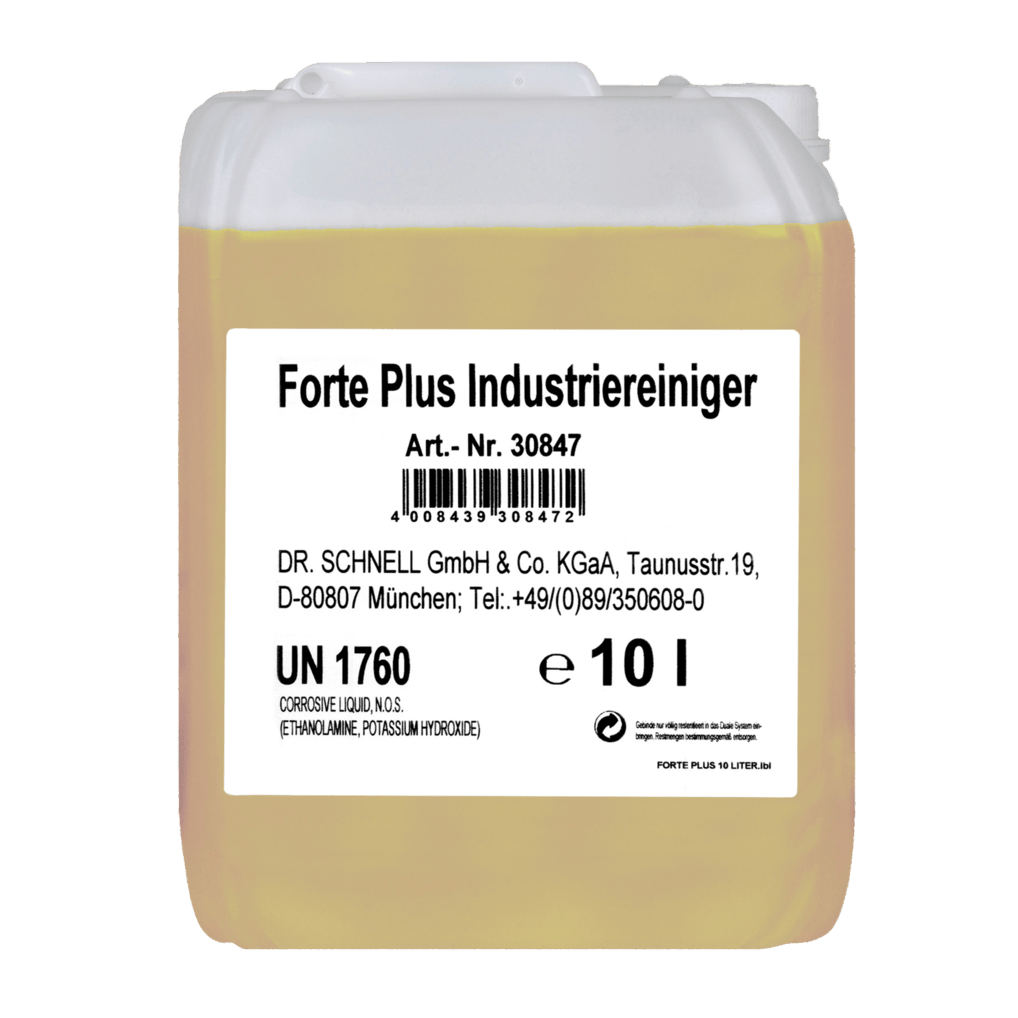 A 10-liter translucent container of Dr. Schnell FORTE PLUS INDUSTRIAL CLEANER by DR.SCHNELL GmbH & Co. KGaA with a white label with product/manufacturer information, UN 1760 and safety instructions; yellow liquid for industrial cleaning and heavy soiling.