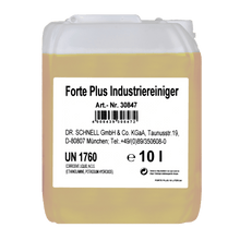 A 10-liter translucent container of Dr. Schnell FORTE PLUS INDUSTRIAL CLEANER by DR.SCHNELL GmbH & Co. KGaA with a white label with product/manufacturer information, UN 1760 and safety instructions; yellow liquid for industrial cleaning and heavy soiling.