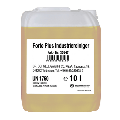 A 10-liter translucent container of Dr. Schnell FORTE PLUS INDUSTRIAL CLEANER by DR.SCHNELL GmbH & Co. KGaA with a white label with product/manufacturer information, UN 1760 and safety instructions; yellow liquid for industrial cleaning and heavy soiling.