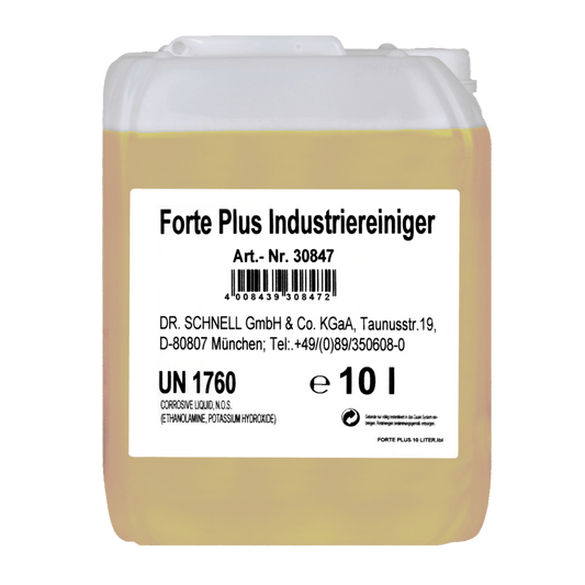A 10-liter translucent container of Dr. Schnell FORTE PLUS INDUSTRIAL CLEANER by DR.SCHNELL GmbH & Co. KGaA with a white label with product/manufacturer information, UN 1760 and safety instructions; yellow liquid for industrial cleaning and heavy soiling.