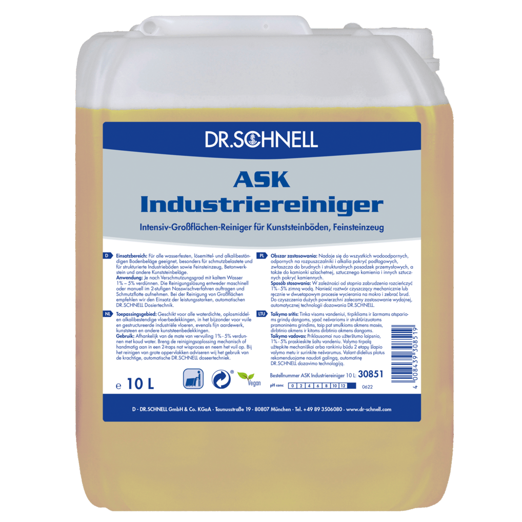 A 10-liter plastic container of Dr. Schnell ASK INDUSTRIAL CLEANER from DR.SCHNELL GmbH & Co. KGaA, a professional oil and grease cleaner for artificial floors and porcelain stoneware, with product information and application instructions in German on the label.