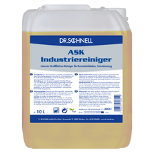A 10-liter plastic container of Dr. Schnell ASK INDUSTRIAL CLEANER from DR.SCHNELL GmbH & Co. KGaA, a professional oil and grease cleaner for artificial floors and porcelain stoneware, with product information and application instructions in German on the label.