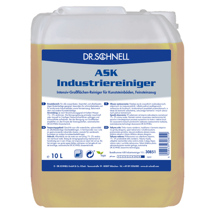 A 10-liter plastic container of Dr. Schnell ASK INDUSTRIAL CLEANER from DR.SCHNELL GmbH & Co. KGaA, a professional oil and grease cleaner for artificial floors and porcelain stoneware, with product information and application instructions in German on the label.