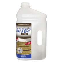 A white 3-liter plastic bottle with a handle and screw cap, labeled "Dr. Schnell ONTOP wood cleaner for floors" by DR.SCHNELL GmbH & Co. KGaA, described as an effective wood floor cleaner for professional use in building cleaning.