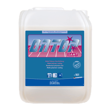 A 10-liter canister Dr. Schnell ONTOP VELVET Matte Coating for building cleaning, floors, high-traffic areas by DR.SCHNELL GmbH & Co. KGaA, with blue and pink labeling and product information on a light background.