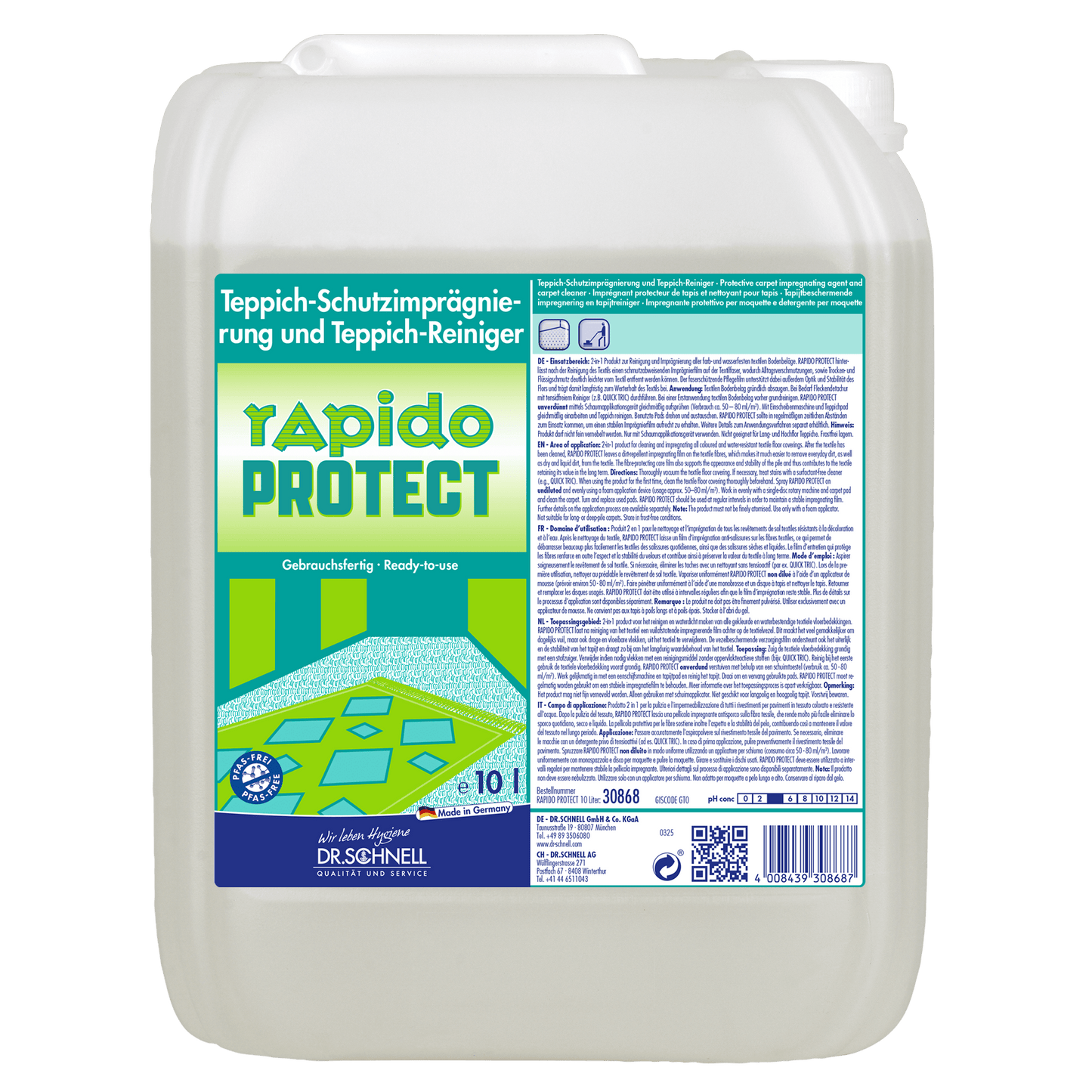 A 10L canister Dr. Schnell RAPIDO PROTECT vehicle cleaning, carpet cleaner and impregnation by DR.SCHNELL GmbH & Co. KGaA, with German label and carpet graphic. Ideal for vehicle cleaning.