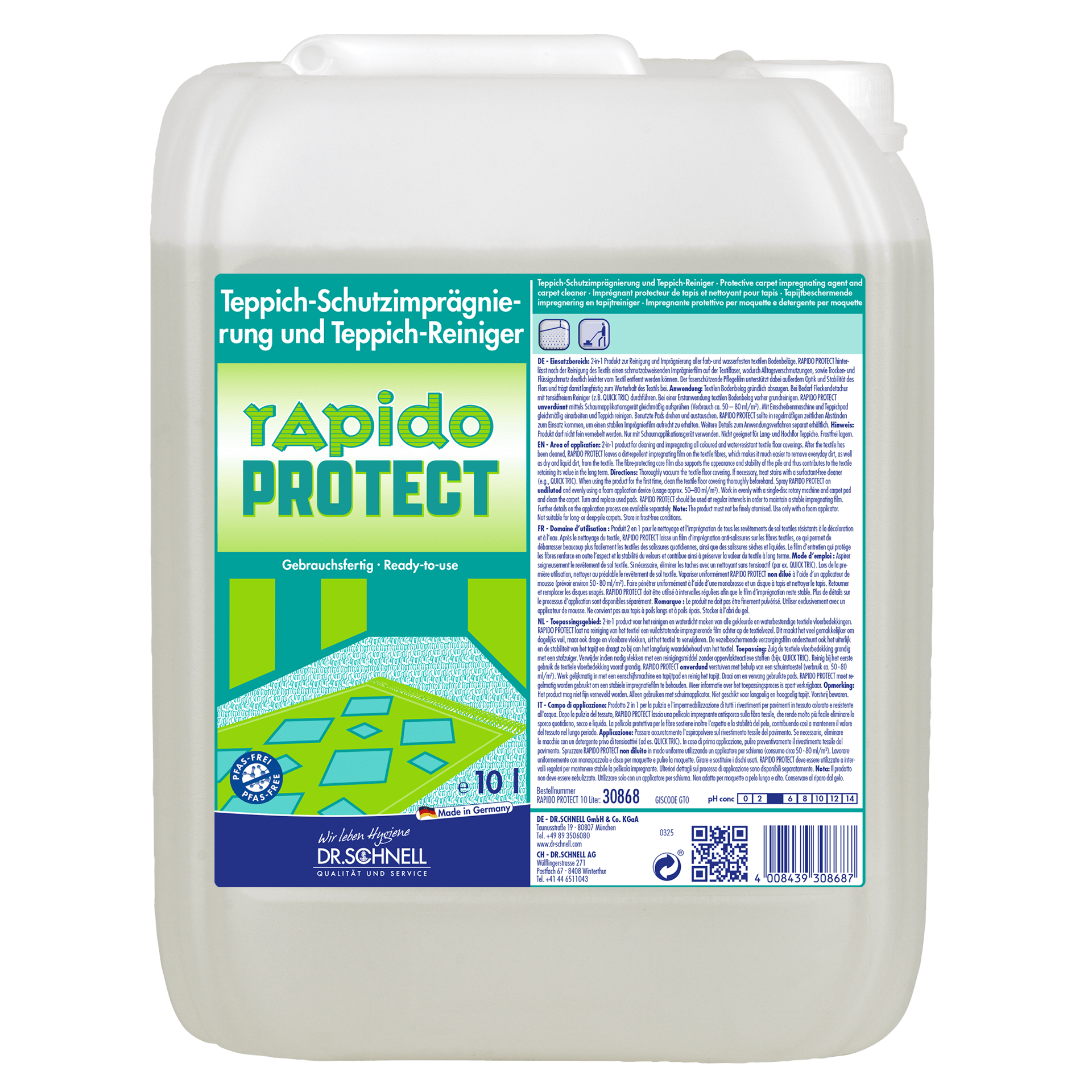 A 10L canister Dr. Schnell RAPIDO PROTECT vehicle cleaning, carpet cleaner and impregnation by DR.SCHNELL GmbH & Co. KGaA, with German label and carpet graphic. Ideal for vehicle cleaning.
