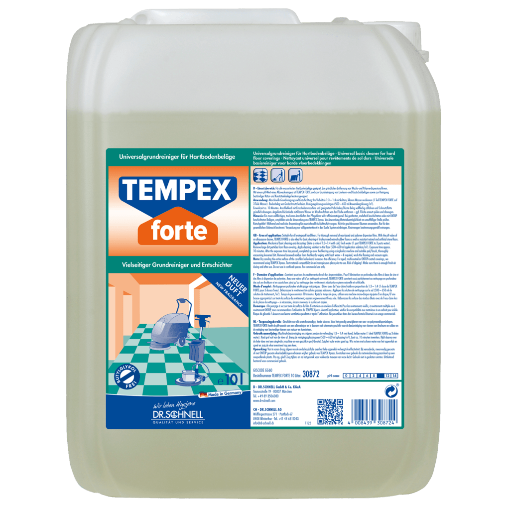 A large transparent canister (10 L) with a blue screw cap contains DR.SCHNELL TEMPEX FORTE basic cleaner and stripper for floors. The label on the front contains product information, instructions for use, and graphics for cleaning devices.