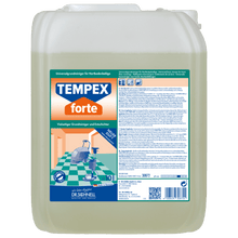 A large transparent canister (10 L) with a blue screw cap contains DR.SCHNELL TEMPEX FORTE basic cleaner and stripper for floors. The label on the front contains product information, instructions for use, and graphics for cleaning devices.