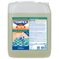 A large transparent canister (10 L) with a blue screw cap contains DR.SCHNELL TEMPEX FORTE basic cleaner and stripper for floors. The label on the front contains product information, instructions for use, and graphics for cleaning devices.