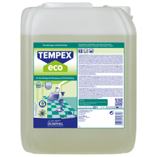 A 10-liter canister of Dr. Schnell TEMPEX ECO ecological basic cleaner for building cleaning floors of DR.SCHNELL GmbH & Co. KGaA, with a green-blue label depicting cleaning tools on a tiled floor.