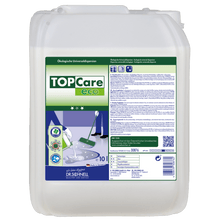 A 10 L plastic canister of the Dr. Schnell TOPCARE ECO Universal Dispersion for ecological building cleaning by DR.SCHNELL GmbH & Co. KGaA carries a green-white label with multilingual instructions, images, and product information.