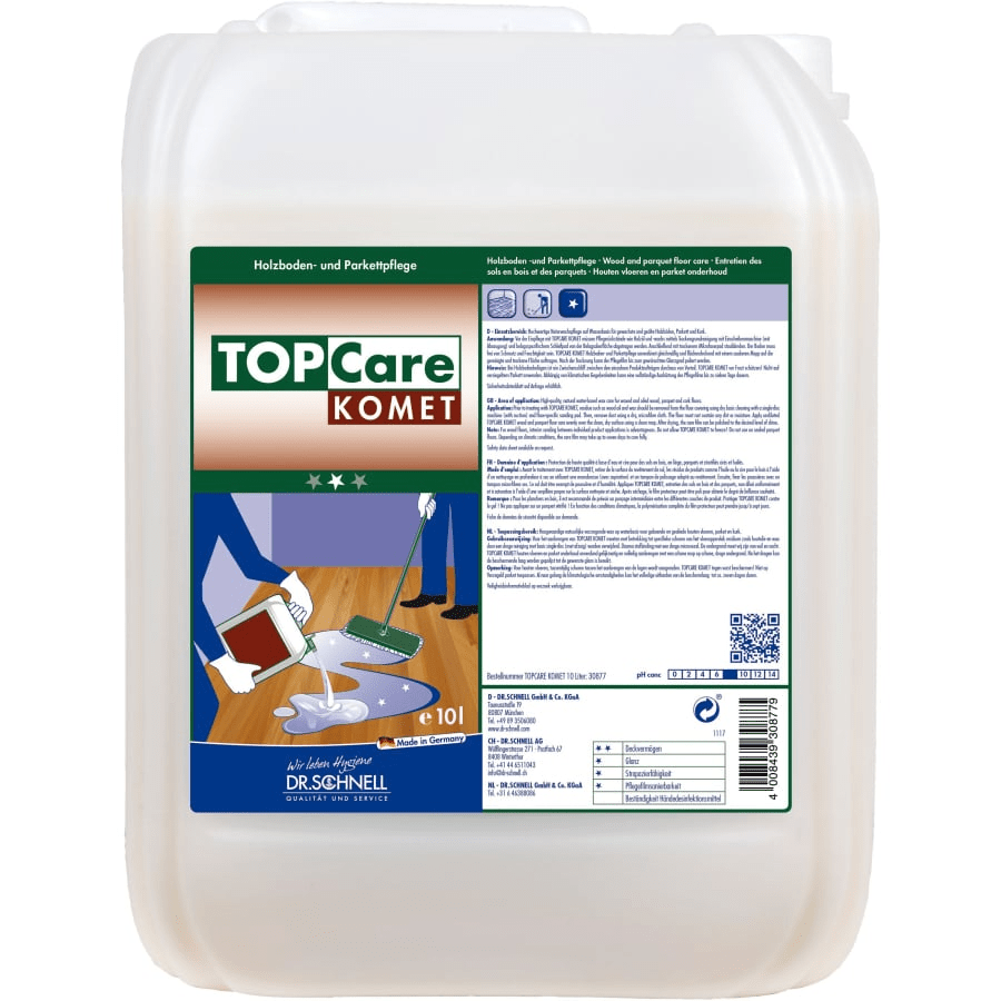 A large plastic container (10 l) of the Dr. Schnell TOPCARE Comet Building Cleaner for floors by DR.SCHNELL GmbH & Co. KGaA bears a German label with application instructions and an illustration of floor cleaning.