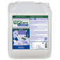 A large white plastic container Dr. Schnell TOPCARE FLOORFIT from DR.SCHNELL GmbH & Co. KGaA with a blue-green label with product information, instructions, symbols, and an image of a mop with a shiny floor for streak-free results.