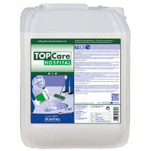 A 10-liter canister of the Dr. Schnell TOPCARE HOSPITAL building cleaning special dispersion from DR.SCHNELL GmbH & Co. KGaA, ideal for hospital cleaning, with a blue-green label and instructions for use, as well as an illustration of a mop and bucket.