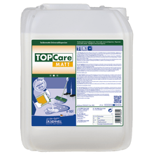A 10-liter canister made of white plastic of the Dr. Schnell TOPCARE MATT silk matt universal dispersion for building cleaning floors by DR.SCHNELL GmbH & Co. KGaA, with product labels, instructions and cleaning illustrations on the front.