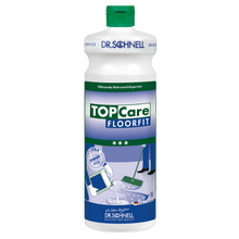 A white 1-liter bottle of DR.SCHNELL GmbH & Co. KGaA Dr. Schnell TOPCARE FLOORFIT with a green cap and a label featuring mop and tablet motifs, German text, is ideal for professional, streak-free floor cleaning as a multipurpose solution.