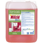 A large, semi-transparent plastic container with a white lid, filled with red liquid. The label reads "Dr. Schnell MILIZID CITROFRESH ECO sanitary cleaner" by DR.SCHNELL GmbH & Co. KGaA and shows images of bathrooms and toilets.
