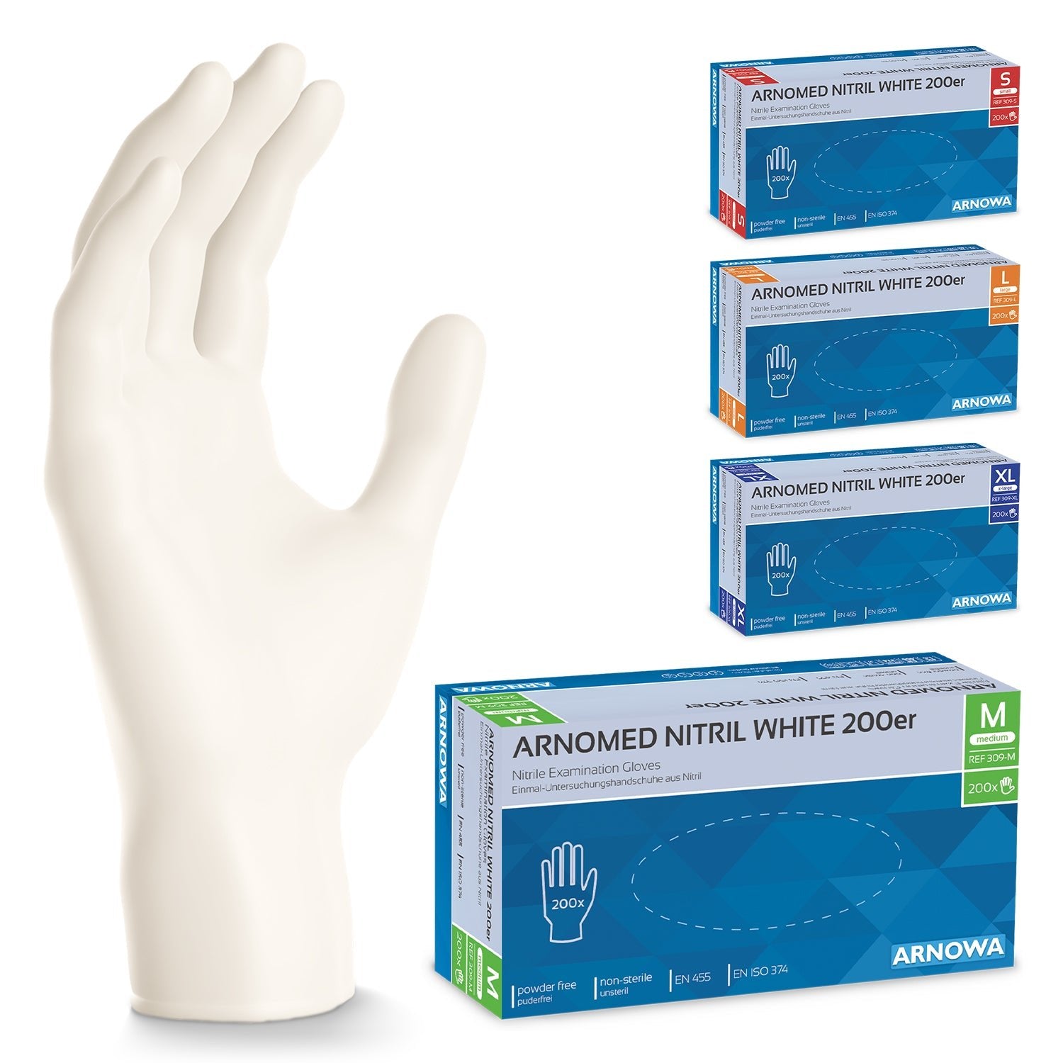 A white ARNOMED NITRIL WHITE 200 nitrile glove from ARNOWA GmbH stands next to four boxes in different sizes - small, medium, large, and extra-large - each with different color labels.