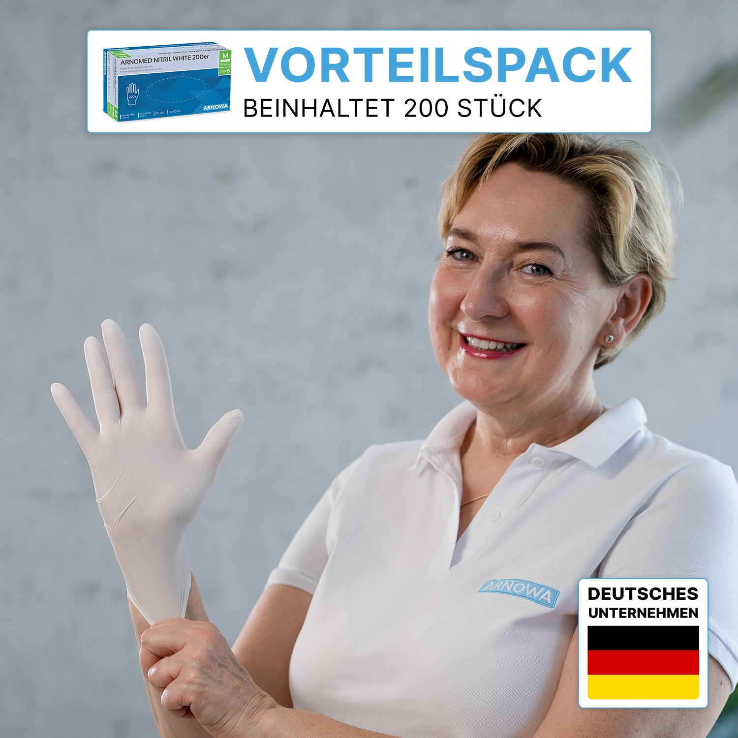 A smiling woman in a white polo shirt puts on an ARNOMED NITRIL WHITE 200 nitrile glove from ARNOWA GmbH. Above it says "Value pack includes 200 pieces". In the picture: the 200-piece economy pack and a German flag with "German company".