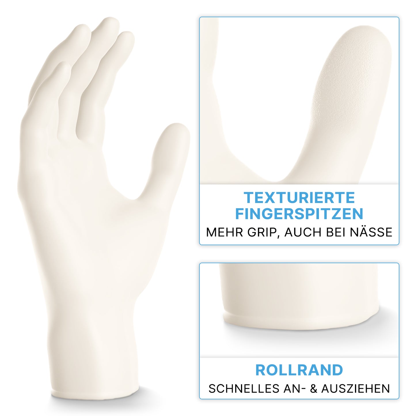 Standing upright is an ARNOMED NITRIL WHITE 200 nitrile glove from ARNOWA GmbH, which provides grip and easy donning with its textured fingertips and rolled cuff - ideal as a disposable glove.