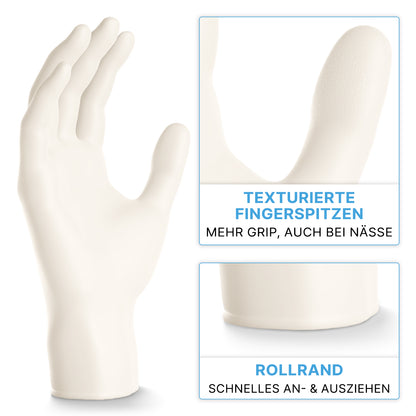 Standing upright is an ARNOMED NITRIL WHITE 200 nitrile glove from ARNOWA GmbH, which provides grip and easy donning with its textured fingertips and rolled cuff - ideal as a disposable glove.