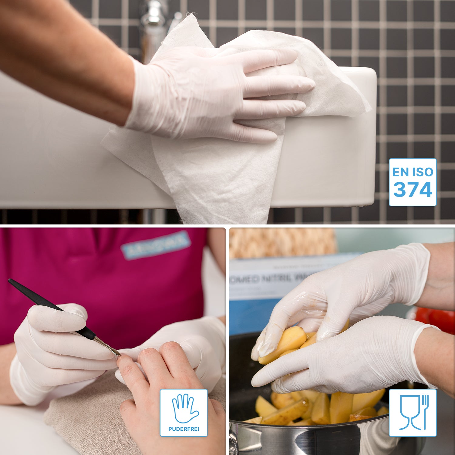 A collage shows gloved hands with ARNOMED NITRIL WHITE 200 nitrile gloves from ARNOWA GmbH while wiping, doing manicures, and handling food. EN ISO 374, food safety, and POWDER-FREE symbols mark these disposable gloves in the 200-piece economy pack.