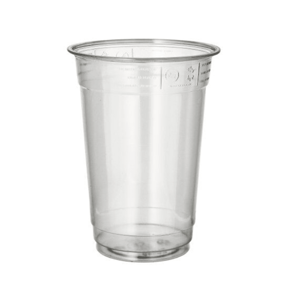 A crystal-clear Starpak plastic cup "Hurricane" with a capacity of 0.4 liters stands upright on a white surface, making it ideal for cold drinks. The cylindrical cup features measurement markings at the top, a slightly wider rim, and a flat bottom, making it perfect for any To-Go area.
