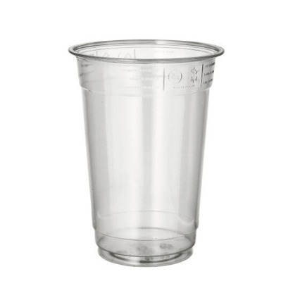 A crystal-clear Starpak plastic cup "Hurricane" with a capacity of 0.4 liters stands upright on a white surface, making it ideal for cold drinks. The cylindrical cup features measurement markings at the top, a slightly wider rim, and a flat bottom, making it perfect for any To-Go area.