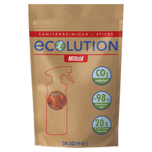 A brown resealable pouch with the inscription "Dr. Schnell ECOLUTION Milizid Sticks, powdered sanitary cleaner/lime remover (60 g)" from DR.SCHNELL GmbH & Co. KGaA displays icons: "CO2 reduced!", "-98% packaging waste", "20x 0.5L application solution" and a red spray bottle outline.