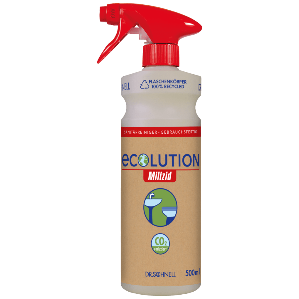 The Dr. Schnell ECOLUTION hand spray bottle empty 500 ml from DR.SCHNELL GmbH & Co. KGaA has a red nozzle, a beige environmental label with CO₂ reduction symbols, and is an environmentally friendly spray bottle made from recycled material.
