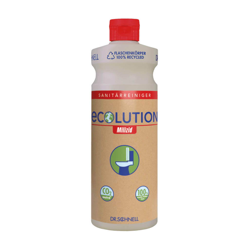 A Dr. Schnell ECOLUTION angled spray bottle (application bottle with red cap, 1 piece) from DR.SCHNELL GmbH & Co. KGaA features a label with recycled materials, information on CO2 reduction, and a toilet graphic on the front.
