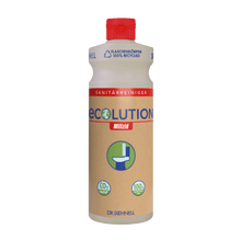A Dr. Schnell ECOLUTION angled spray bottle (application bottle with red cap, 1 piece) from DR.SCHNELL GmbH & Co. KGaA features a label with recycled materials, information on CO2 reduction, and a toilet graphic on the front.
