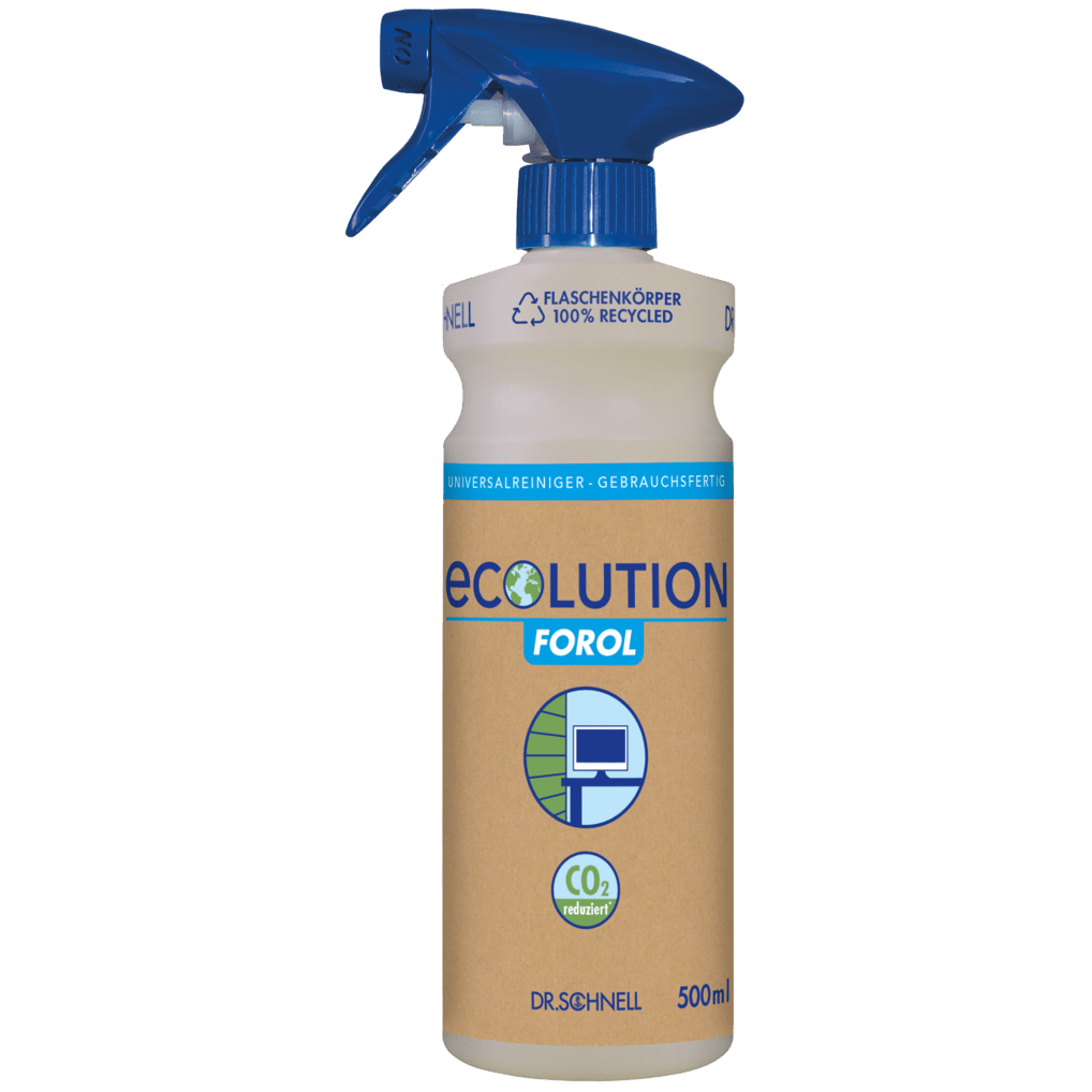 The Dr. Schnell ECOLUTION hand spray bottle empty 500 ml from DR.SCHNELL GmbH & Co. KGaA is made from 100% recycled plastic and is particularly environmentally friendly with a blue spray head and a brown label with environmental icons.