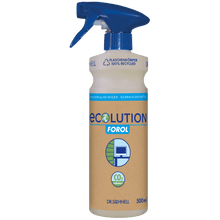 The Dr. Schnell ECOLUTION hand spray bottle empty 500 ml from DR.SCHNELL GmbH & Co. KGaA is made from 100% recycled plastic and is particularly environmentally friendly with a blue spray head and a brown label with environmental icons.