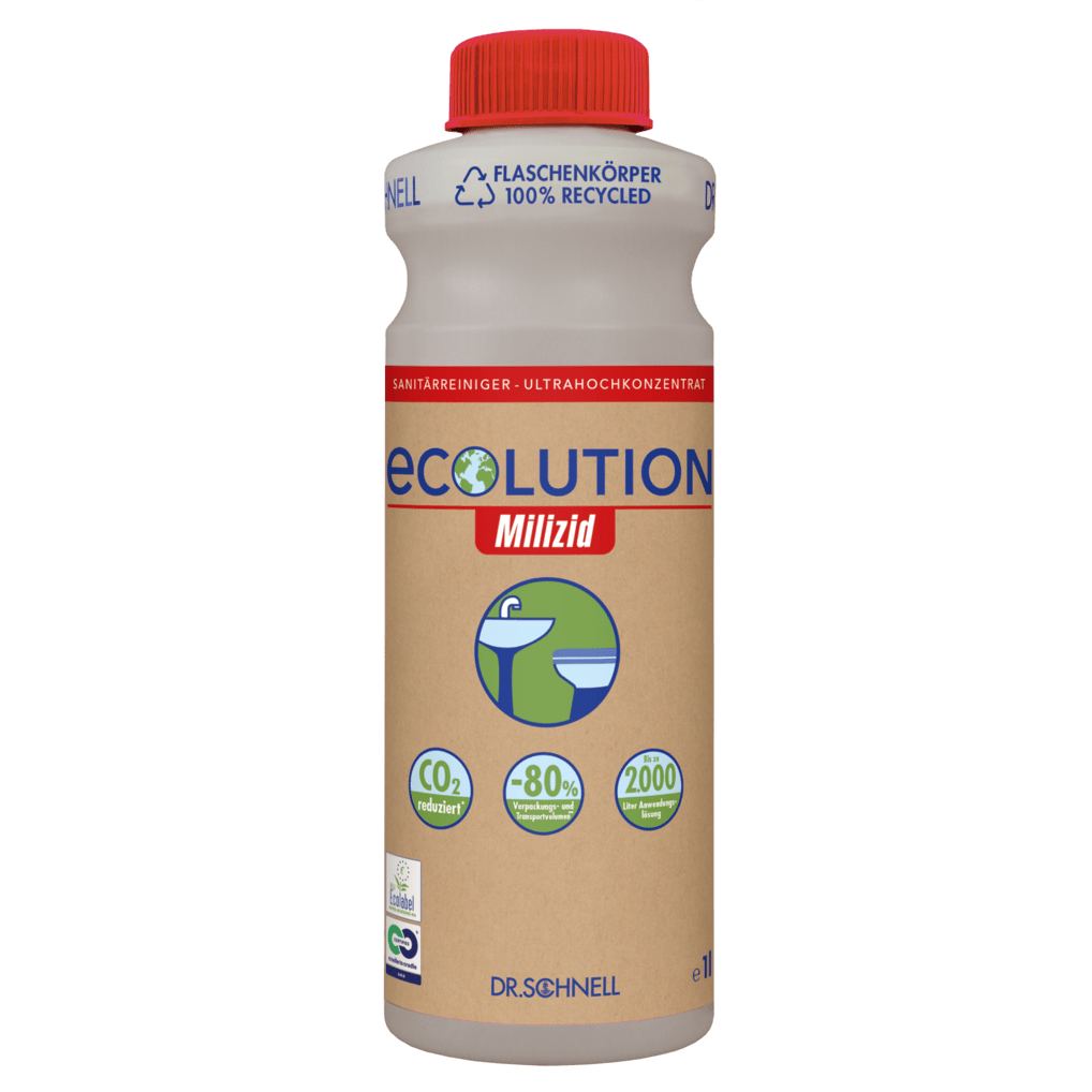 A 1L bottle of Dr. Schnell ECOLUTION MILIZID Ultra-concentrated sanitary cleaner and lime remover is with eco symbols - 100% recycled, CO₂-reduced, 80% less plastic - from DR.SCHNELL GmbH & Co. KGaA, with a red cap.