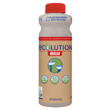 A 1L bottle of Dr. Schnell ECOLUTION MILIZID Ultra-concentrated sanitary cleaner and lime remover is with eco symbols - 100% recycled, CO₂-reduced, 80% less plastic - from DR.SCHNELL GmbH & Co. KGaA, with a red cap.