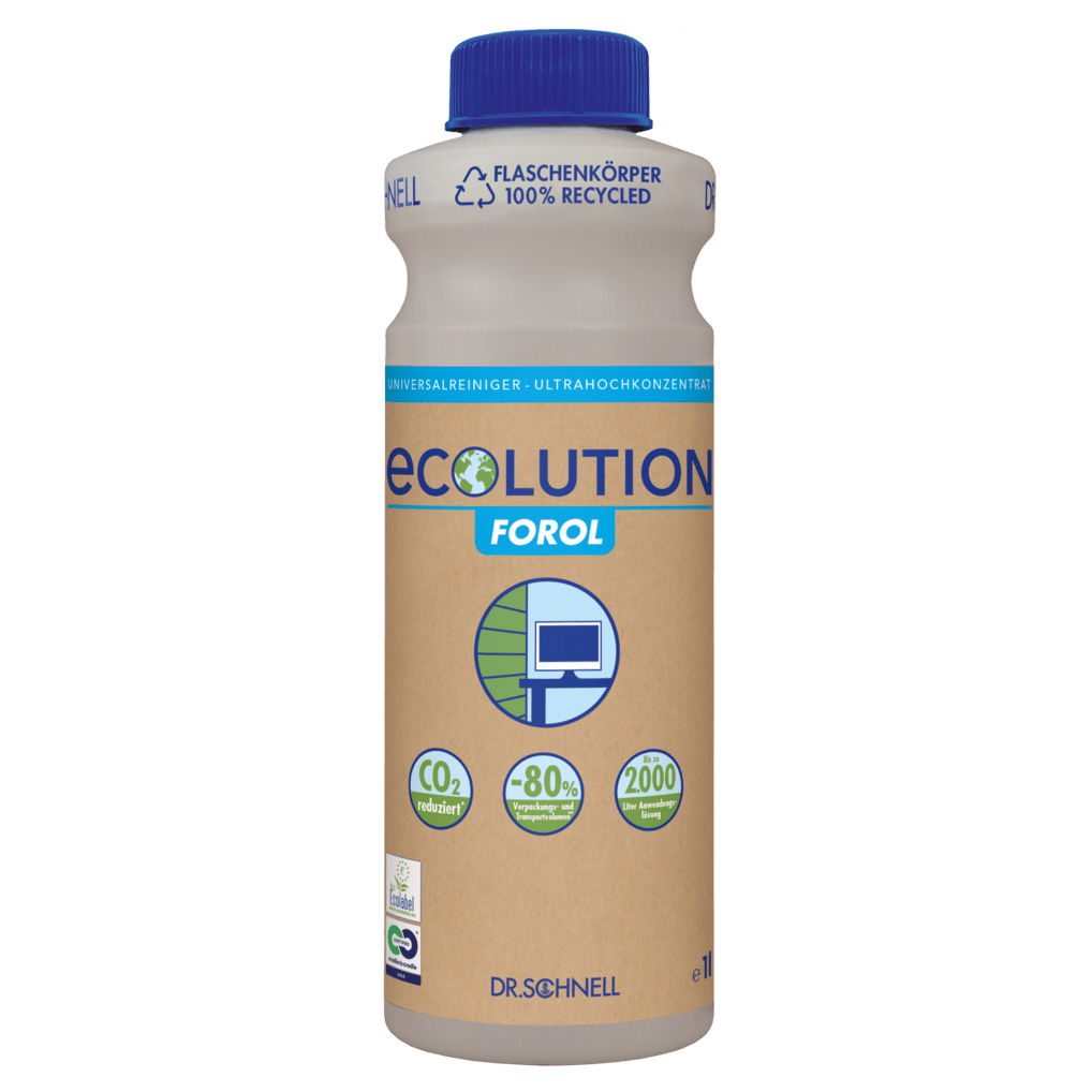 A 1L bottle of DR.SCHNELL ECOLUTION FOROL ULTRACONCENTRATE universal cleaner for building cleaning from DR.SCHNELL GmbH & Co. KGaA, with eco-friendly pictograms and application tips for professional cleaning.