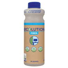 A 1L bottle of DR.SCHNELL ECOLUTION FOROL ULTRACONCENTRATE universal cleaner for building cleaning from DR.SCHNELL GmbH & Co. KGaA, with eco-friendly pictograms and application tips for professional cleaning.