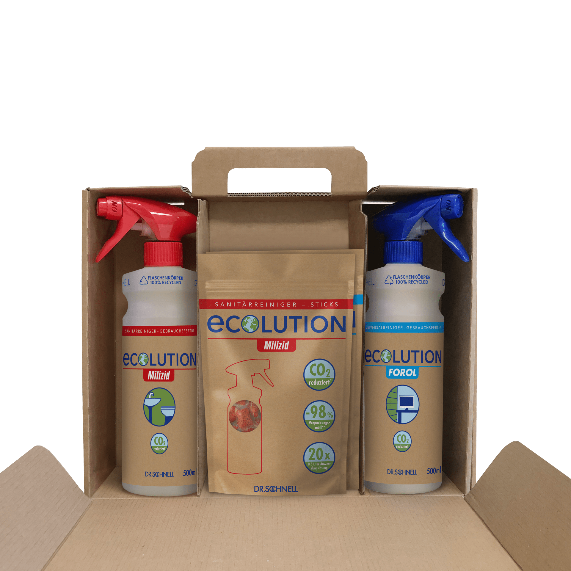 The Dr. Schnell ECOLUTION Starter Kit from DR.SCHNELL GmbH & Co. KGaA contains spray bottles and FOROL & MILIZID sticks (450 g) in a box - an eco-friendly cleaning solution with CO2 reduction benefits.