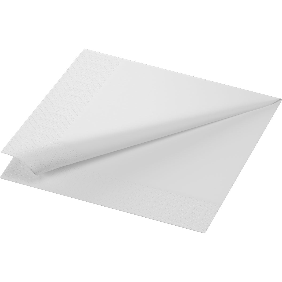 A white Duni GmbH cellulose napkin (40x40 cm, 2-ply, 1/4 fold) is folded diagonally and has a subtle embossed edge on two sides. The package contains 300 napkins.