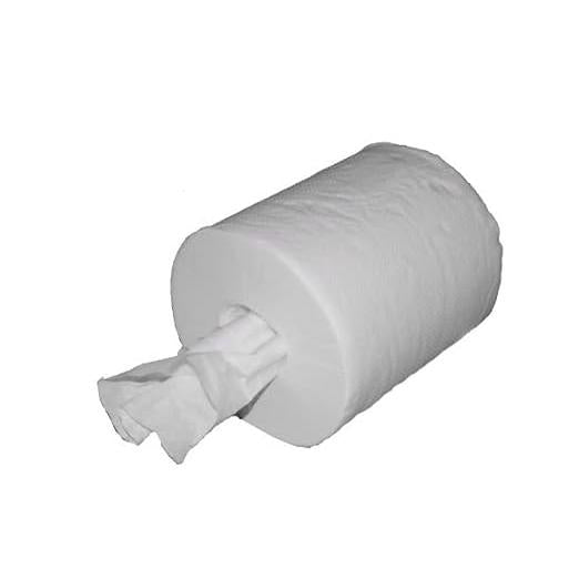 A large Abena Re-Seller GmbH Midi towel roll, 2-ply, 20 cm x 140 m, white, with a sheet pulled from the center, lies horizontally on a solid white background. The box contains 6 packs.