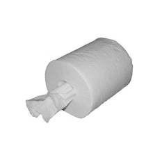 A large Abena Re-Seller GmbH Midi towel roll, 2-ply, 20 cm x 140 m, white, with a sheet pulled from the center, lies horizontally on a solid white background. The box contains 6 packs.