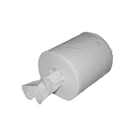 A large Abena Re-Seller GmbH Midi towel roll, 2-ply, 20 cm x 140 m, white, with a sheet pulled from the center, lies horizontally on a solid white background. The box contains 6 packs.