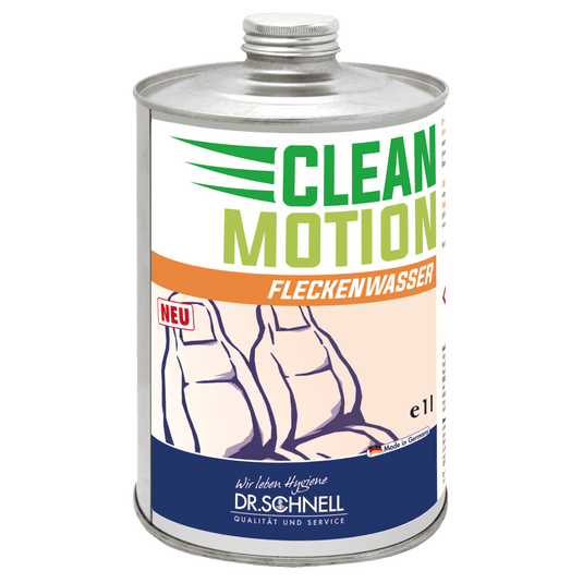 A 1L metal canister Dr. Schnell CLEANMOTION stain remover by DR.SCHNELL GmbH & Co. KGaA, an effective vehicle interior cleaner and stain remover - perfect for vehicle preparation. With orange/green text and blue logo with car seats.
