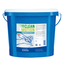 A blue 10L plastic bucket with a white lid and handle, labeled with "Dr. Schnell CLEANMOTION Handwashing Paste H, strong skin cleansing with abrasive" from DR.SCHNELL GmbH & Co. KGaA; German product information and handwashing detergent graphic on the front.