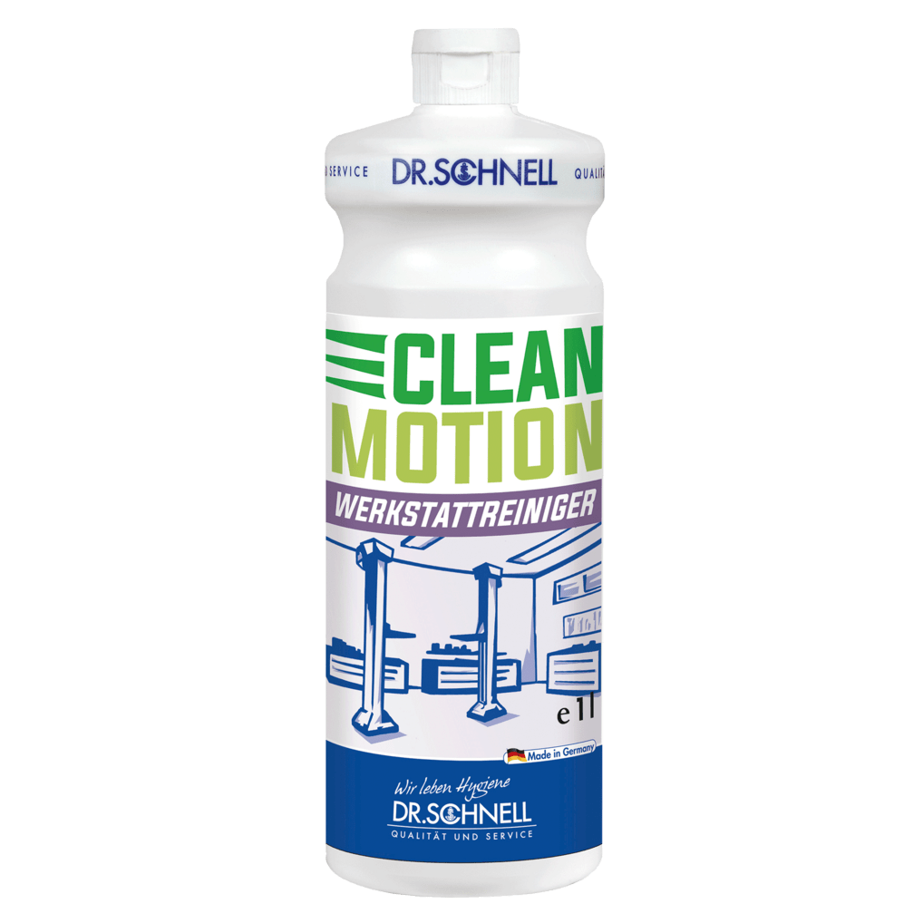 A white 1L bottle Dr. Schnell CLEANMOTION WORKSHOP CLEANER from DR.SCHNELL GmbH & Co. KGaA, with green and purple text, an illustration of a car workshop, and a blue Dr. Schnell logo at the bottom.
