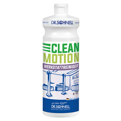 A white 1L bottle Dr. Schnell CLEANMOTION WORKSHOP CLEANER from DR.SCHNELL GmbH & Co. KGaA, with green and purple text, an illustration of a car workshop, and a blue Dr. Schnell logo at the bottom.